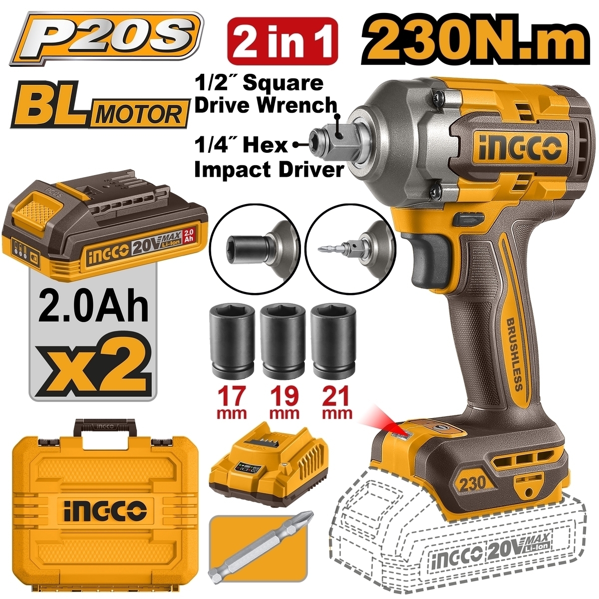20V-BL ไขควงกระแทก2IN1 230N.M-ชุด2.0AH*2