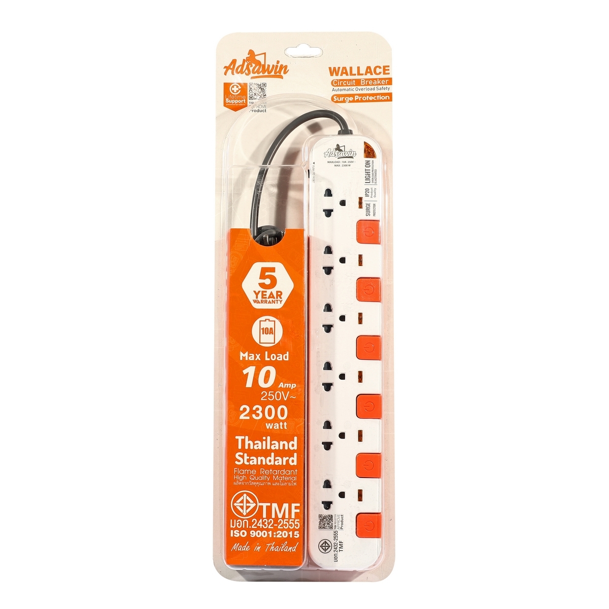 WL6375-5M ปลั๊กไฟ 6ช่อง 6สวิตช์ (WH/OR)