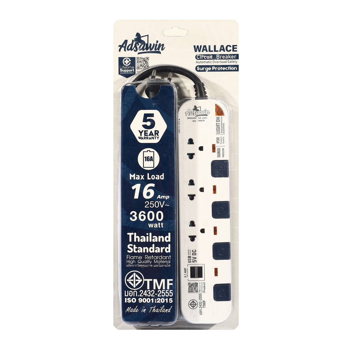 WL3315USB-5Mปลั๊กไฟ3ช่อง4สวิตช์2USBWH/NB