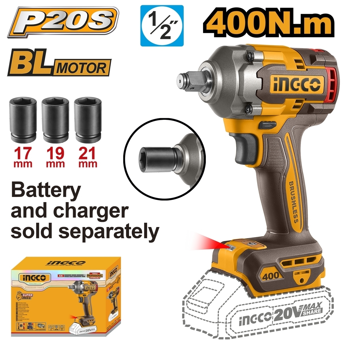 20V-BL บล็อกไร้สาย 400N.M-เครื่องเปล่า
