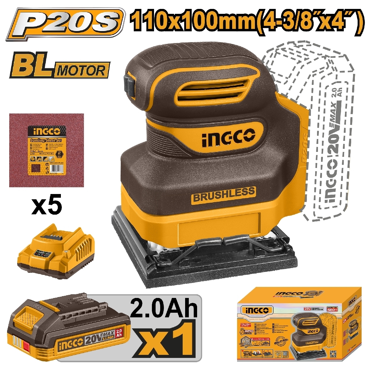 20V ขัดกระดาษทรายเหลี่ยม -ชุดแบต 2.0AH*1