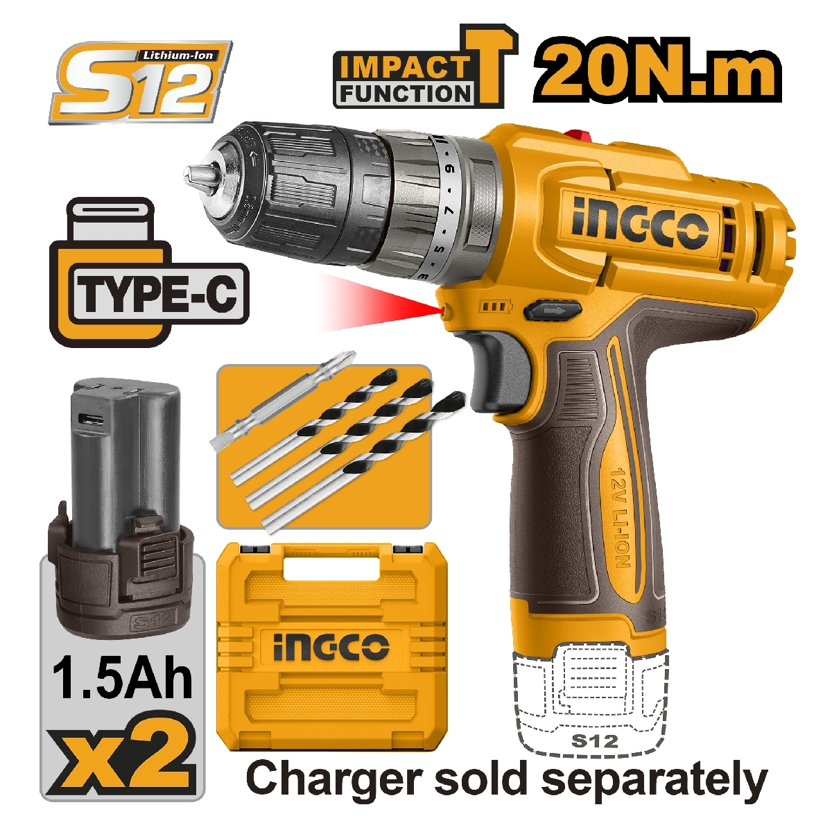 12V-กระบอก สว่านกระแทก 20N-ชุด 1.5AH*2