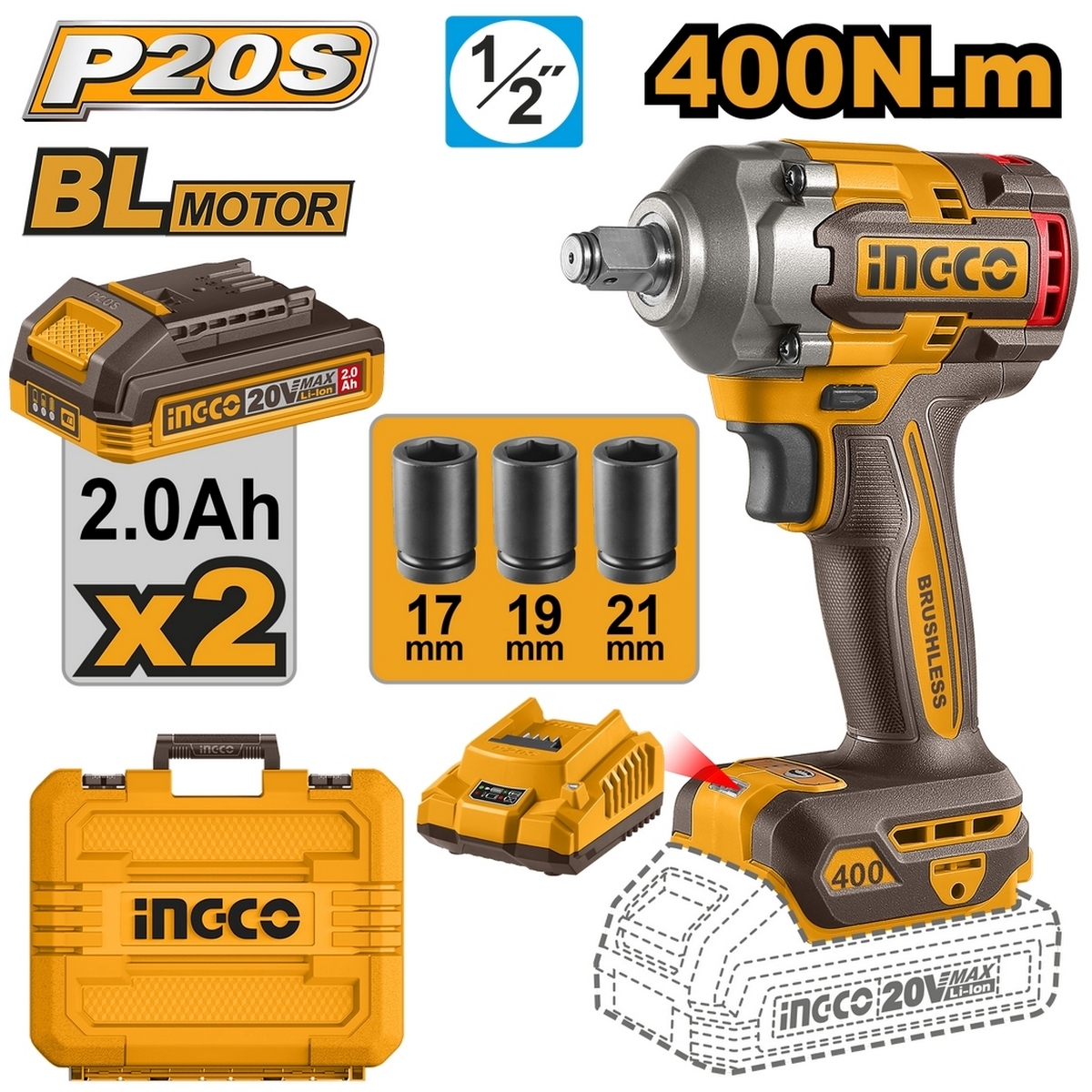 20V-BL บล็อกไร้สาย 400N.M-ชุดแบต 2.0AH*2