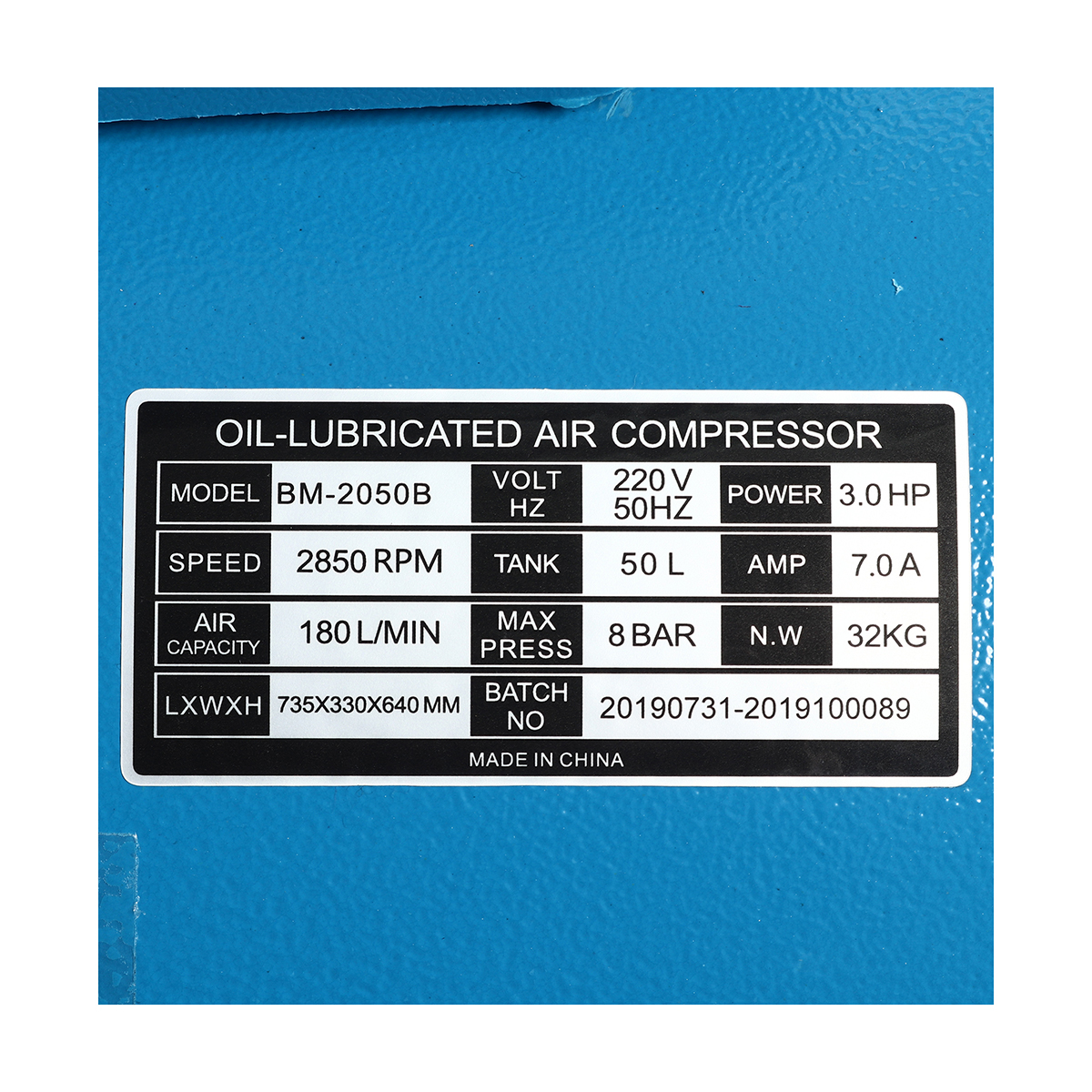 BM2050BLUE ปั๊มลมขับตรง 3HP ถัง 50L