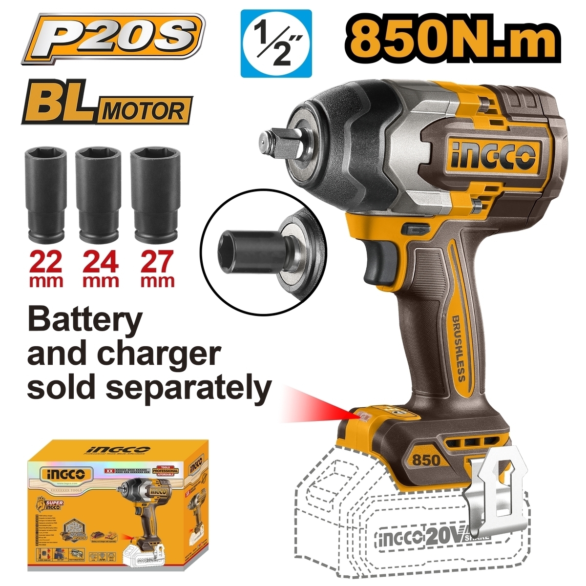 20V-BL บล็อกไร้สาย 850N.M-เครื่องเปล่า