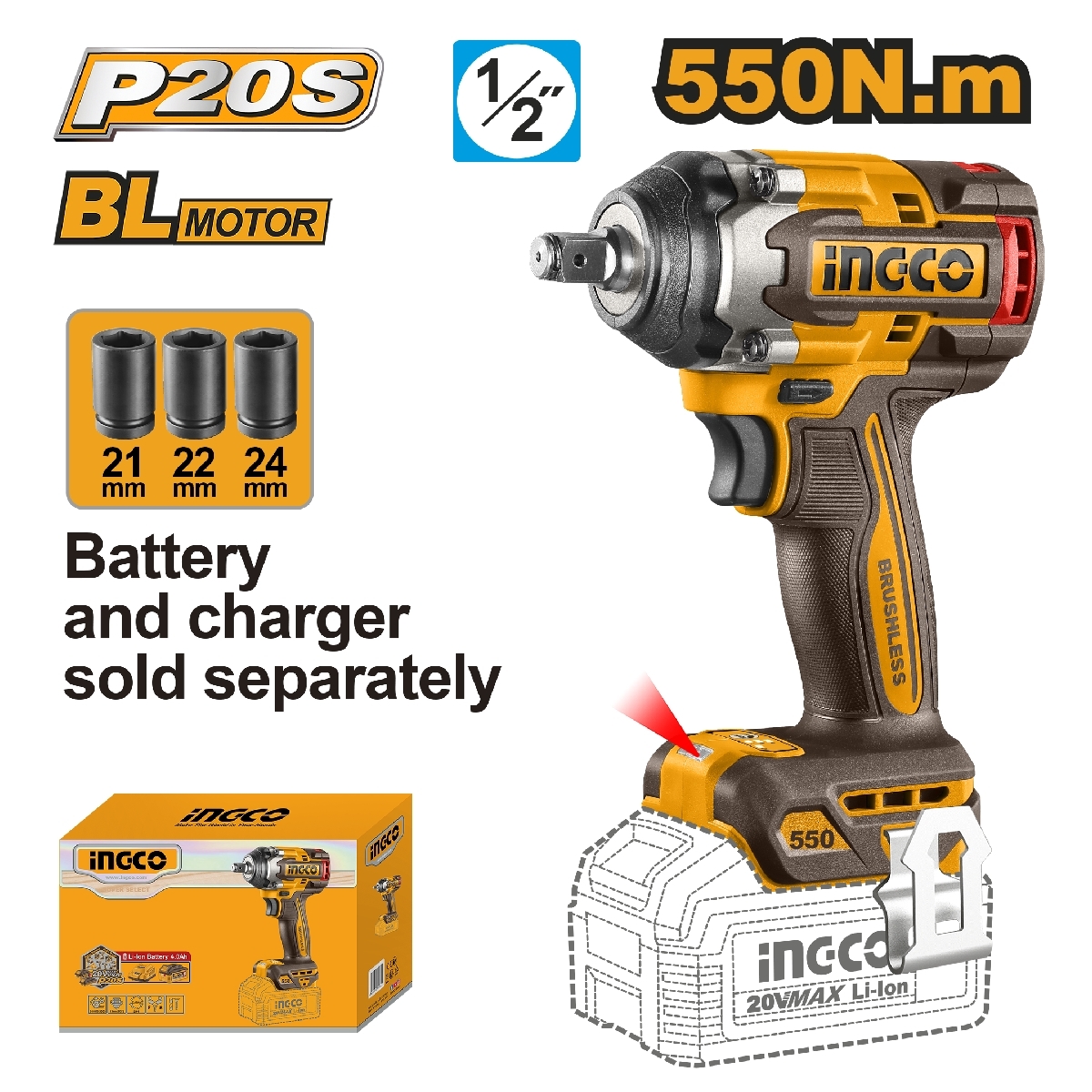 20V-BL บล็อกไร้สาย 550N.M-เครื่องเปล่า
