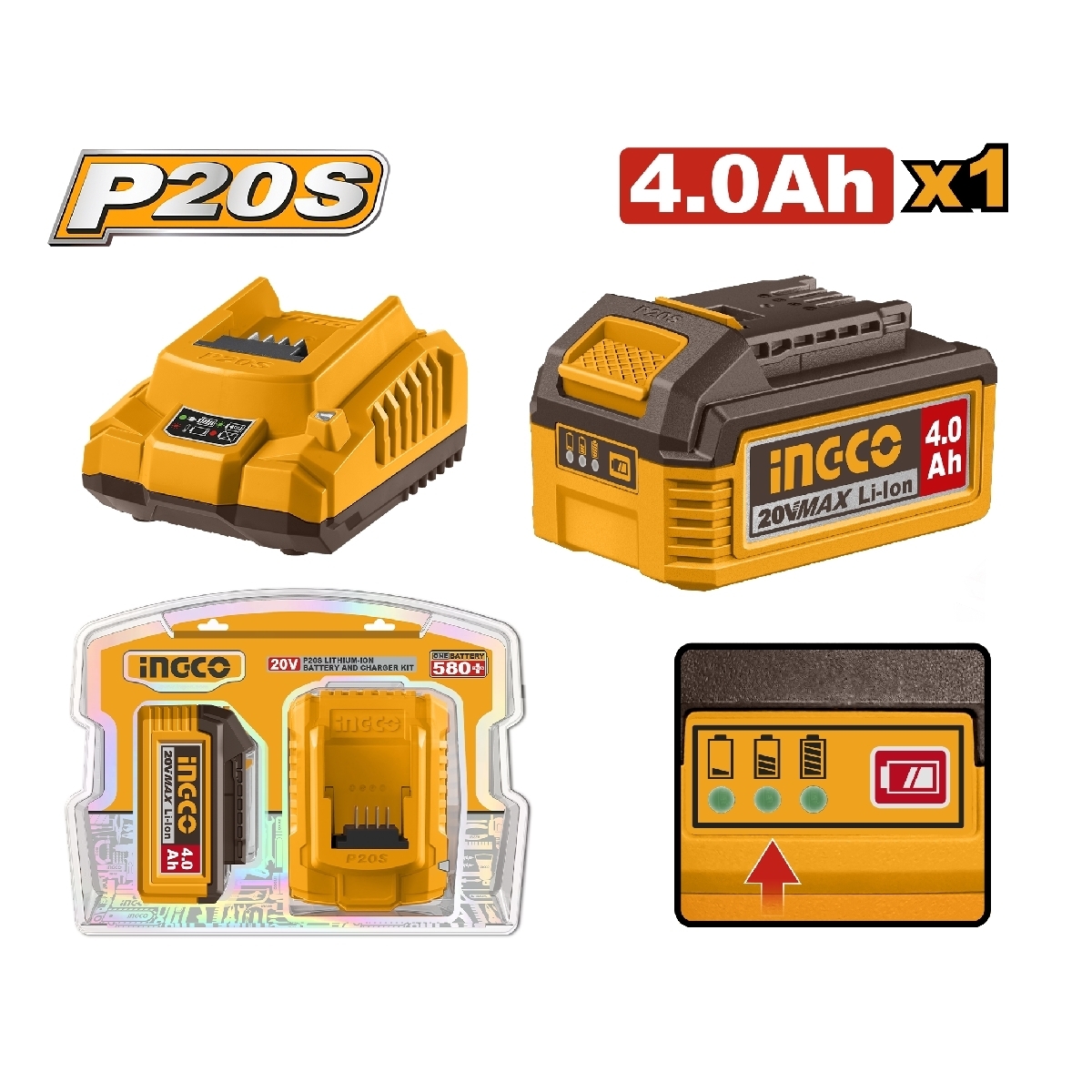 P20S ชุดแท่นชาร์จ+แบตตารี่ 20V 4.0AH*1