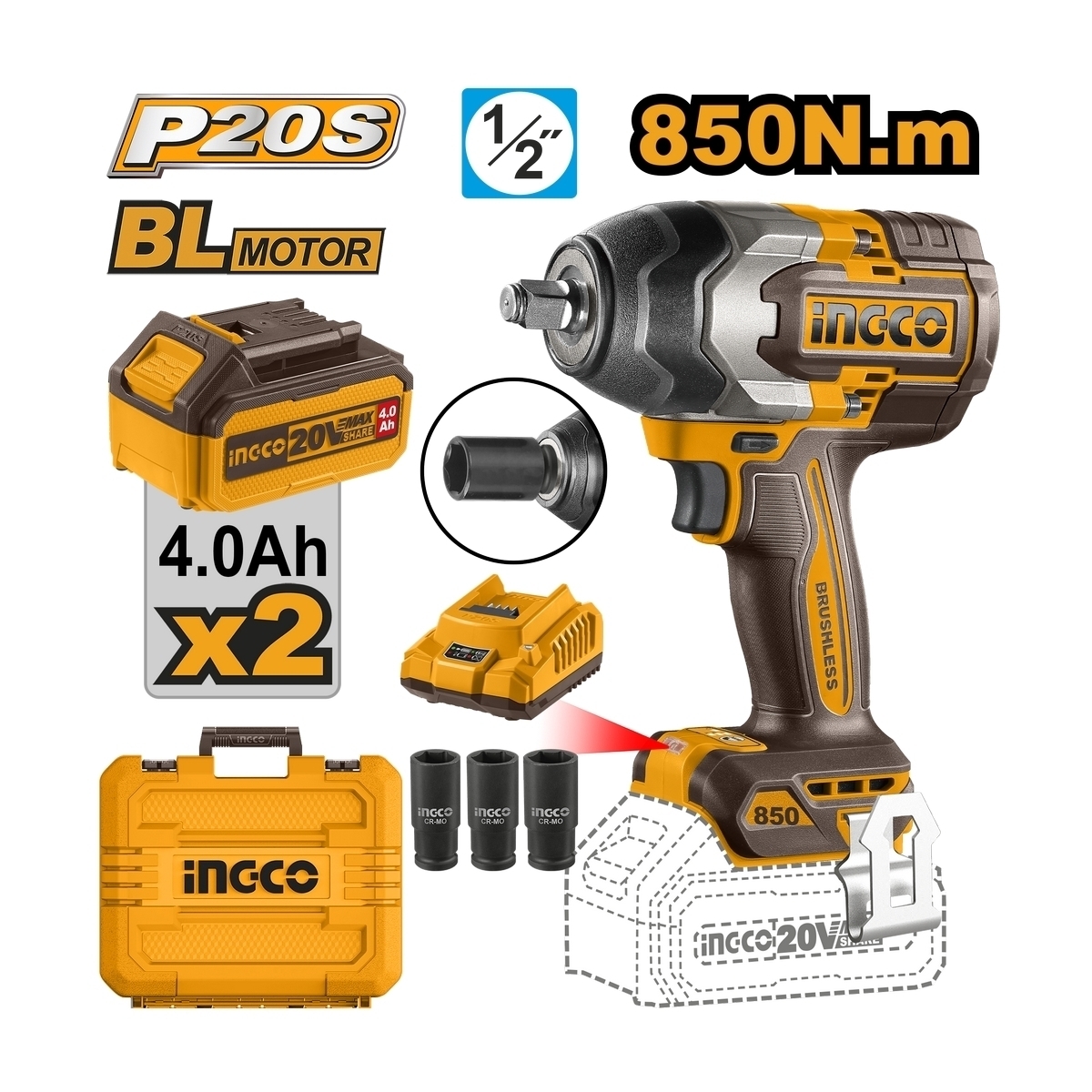 20V-BL บล็อกไร้สาย 850N.M-ชุดแบต 4.0AH*2