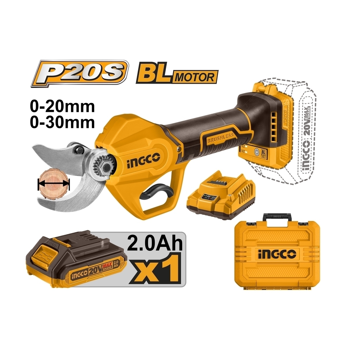 20V กรรไกรตัดกิ่งไร้สาย30มม -ชุด 2.0AH*1