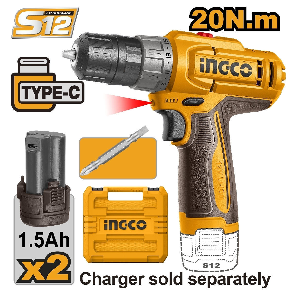 12V-กระบอก สว่านไร้สาย 20N.M-ชุด 1.5AH*2