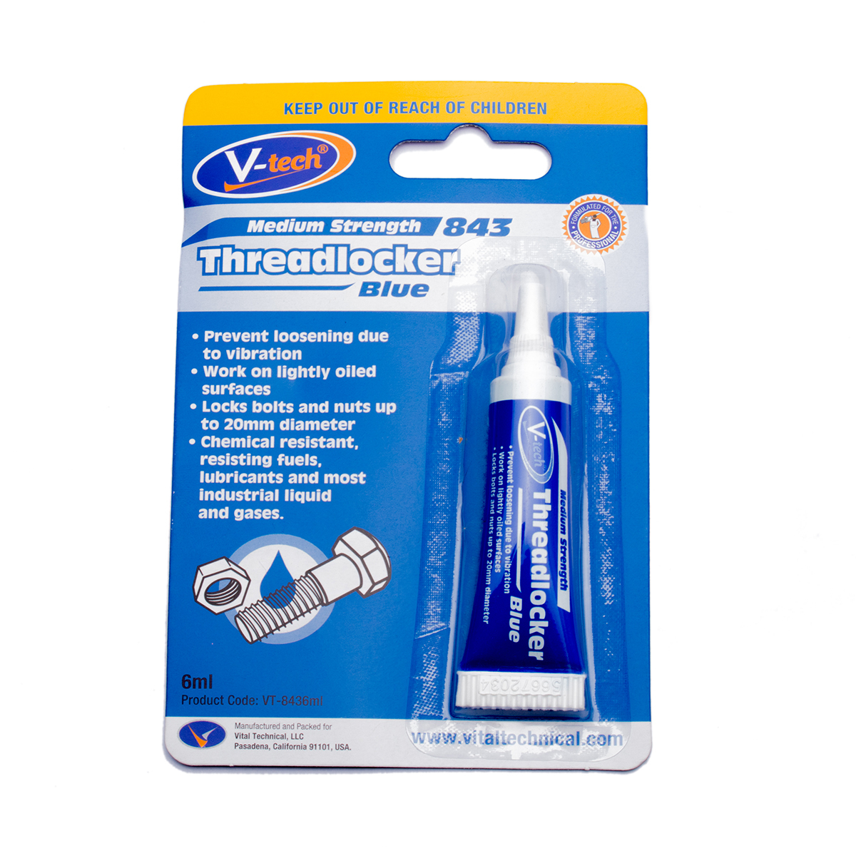 VT-8436 กาวล็อคเกลียว สีน้ำเงิน 6ML