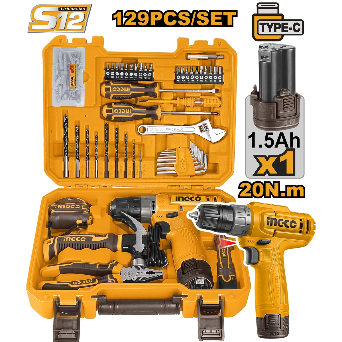 12V ชุดสว่านไร้สาย+เครื่องมือช่าง129ชิ้น
