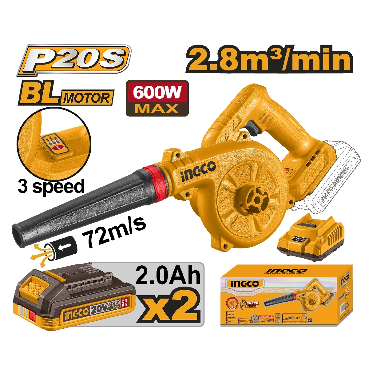 20V เครื่องเป่าลม ปรับรอบ ชุดแบต 2.0AH*2