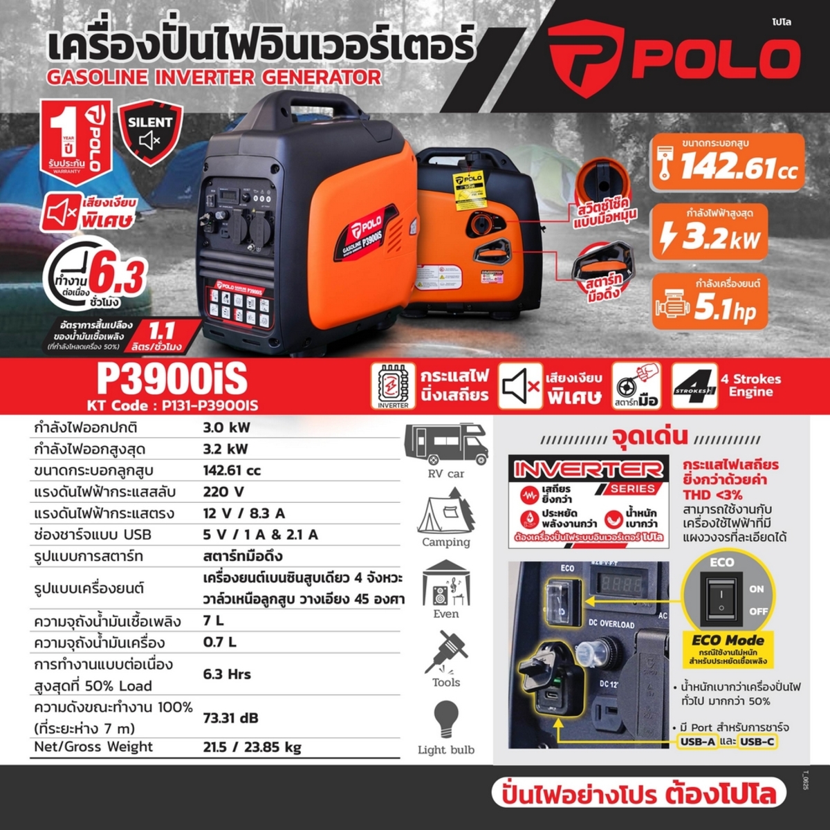 P3900ISเครื่องปั่นไฟอินเวอร์เตอร์ 3.2KW