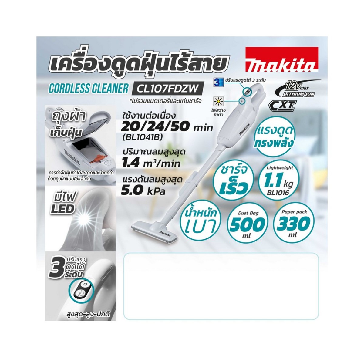 CL107FDZW ดูดฝุ่นไร้สาย 12VMAX ไม่รวมแบต