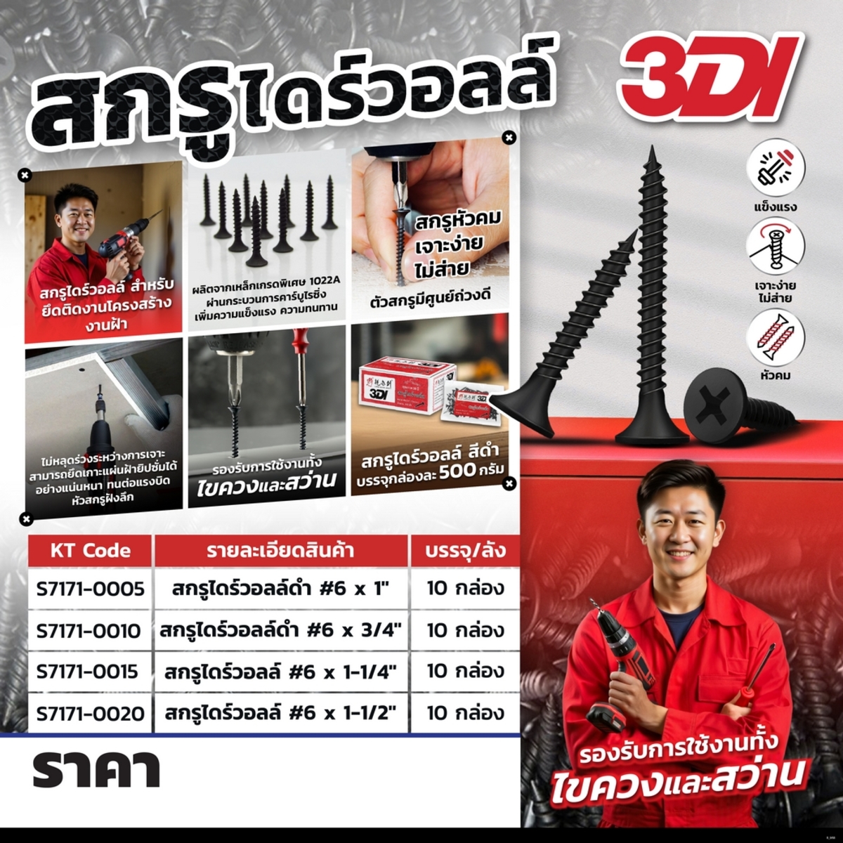 สกรูไดร์วอลล์ #6X1-1/2