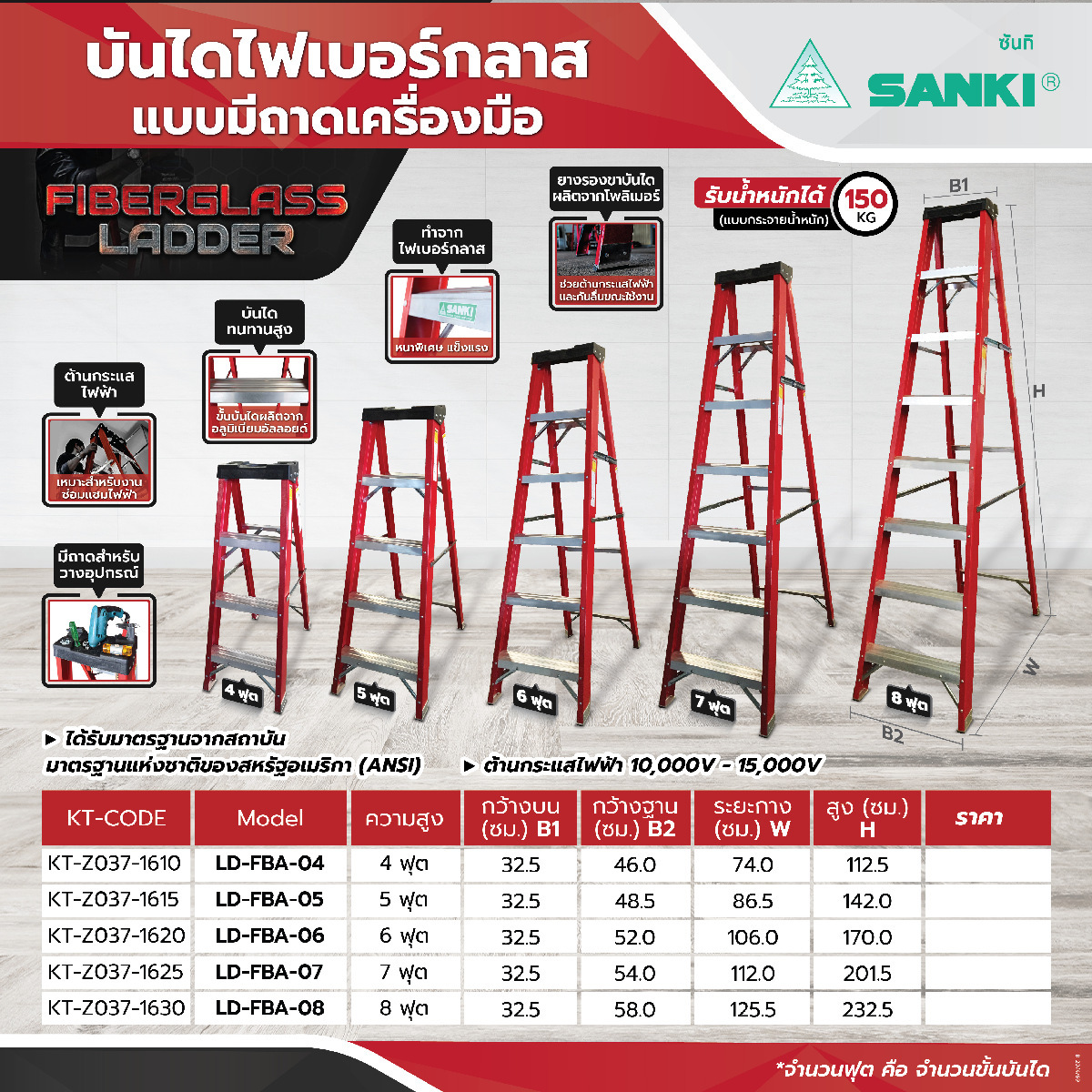 LD-FBA-04 บันไดไฟเบอร์กลาสแบบมีถาด 4 ฟุต