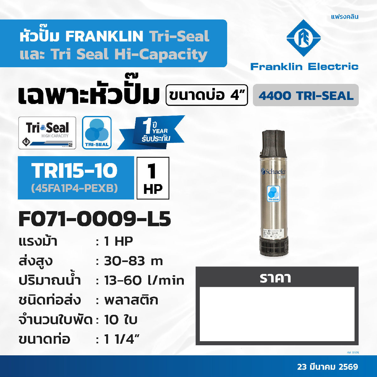 เฉพาะปั๊ม 1 HP TRI15-10 (45FA1P4-PEXB)