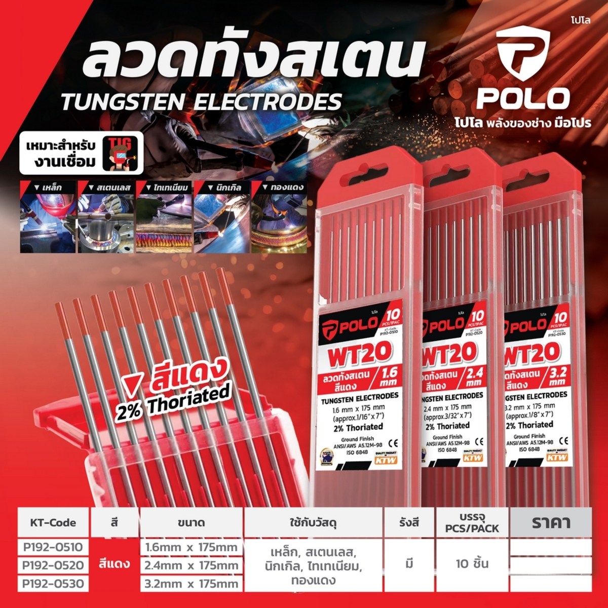 ลวดทังสเตนสีแดง (WT20) 1.6MM(10PCS/1PAC)