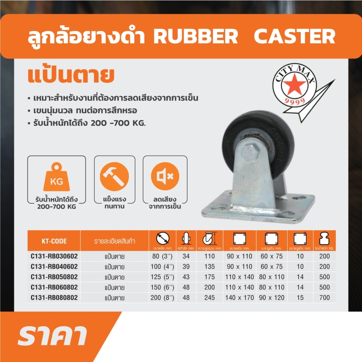 ล้อยางดำ แป้นตาย ขนาด 8 นิ้ว ( 200 มม.)
